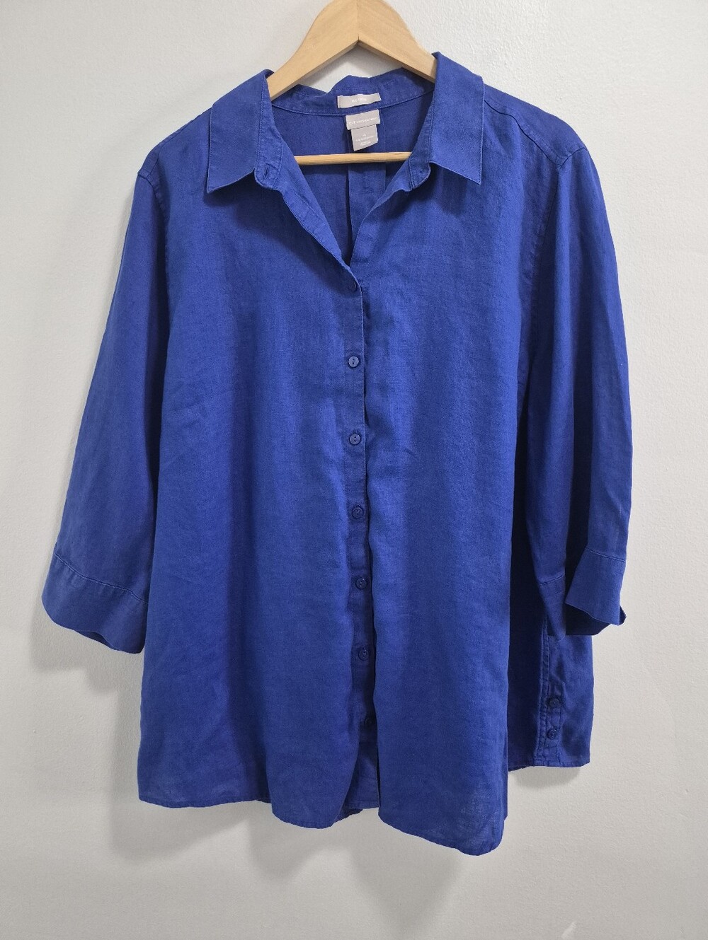 Chico's No Iron 100% Linen Blue Button Up Shirt Size 4 / XXL